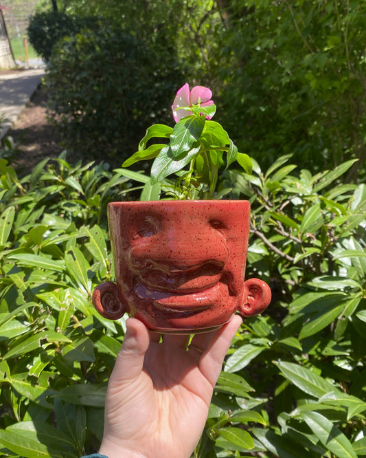 Red Sculpted Planter with a Face