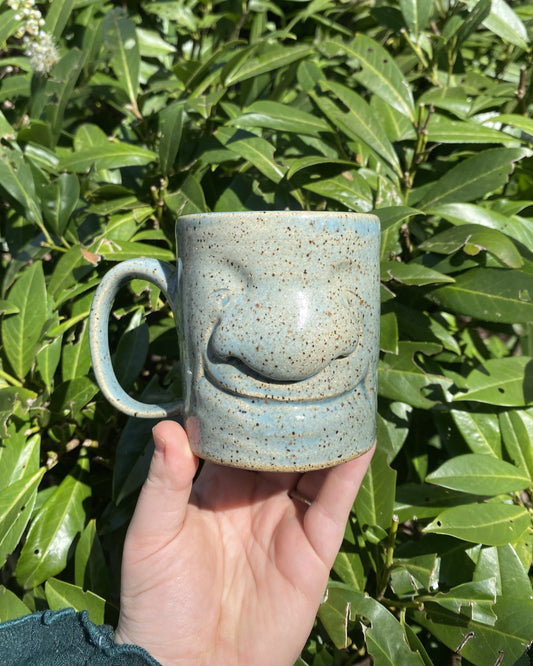 Blue Hand-Sculpted Mug with a Face