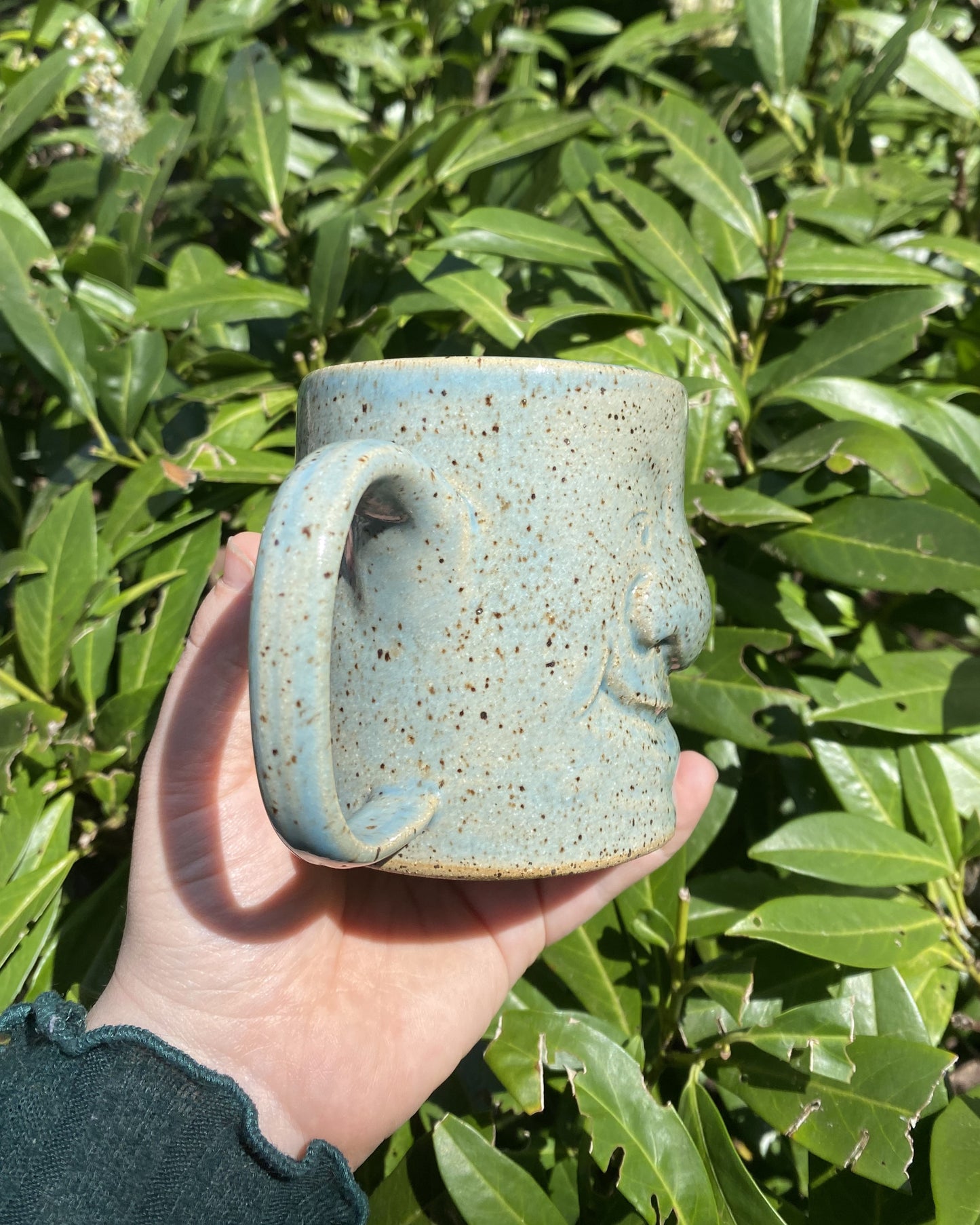 Blue Hand-Sculpted Mug with a Face