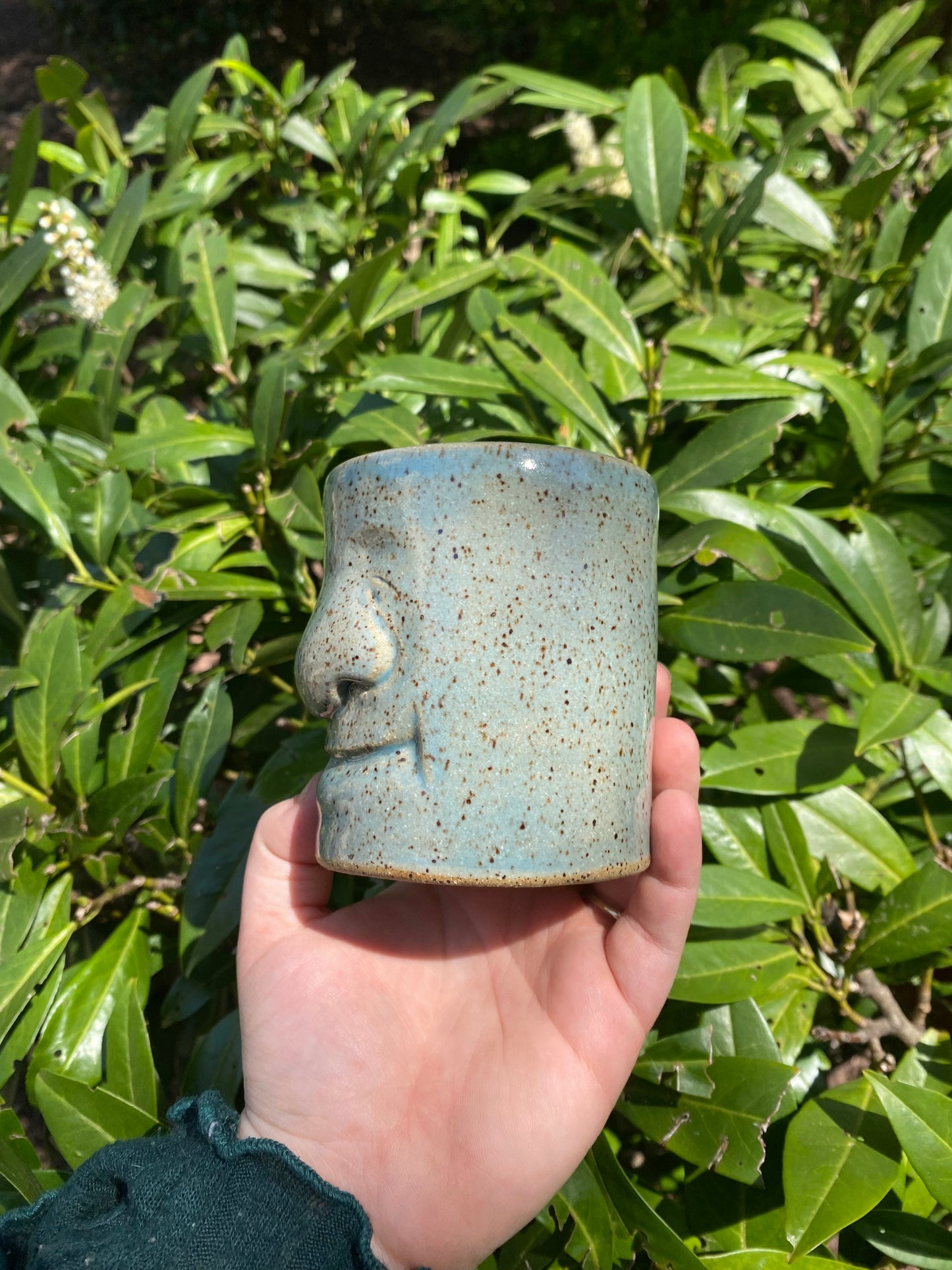 Blue Hand-Sculpted Mug with a Face