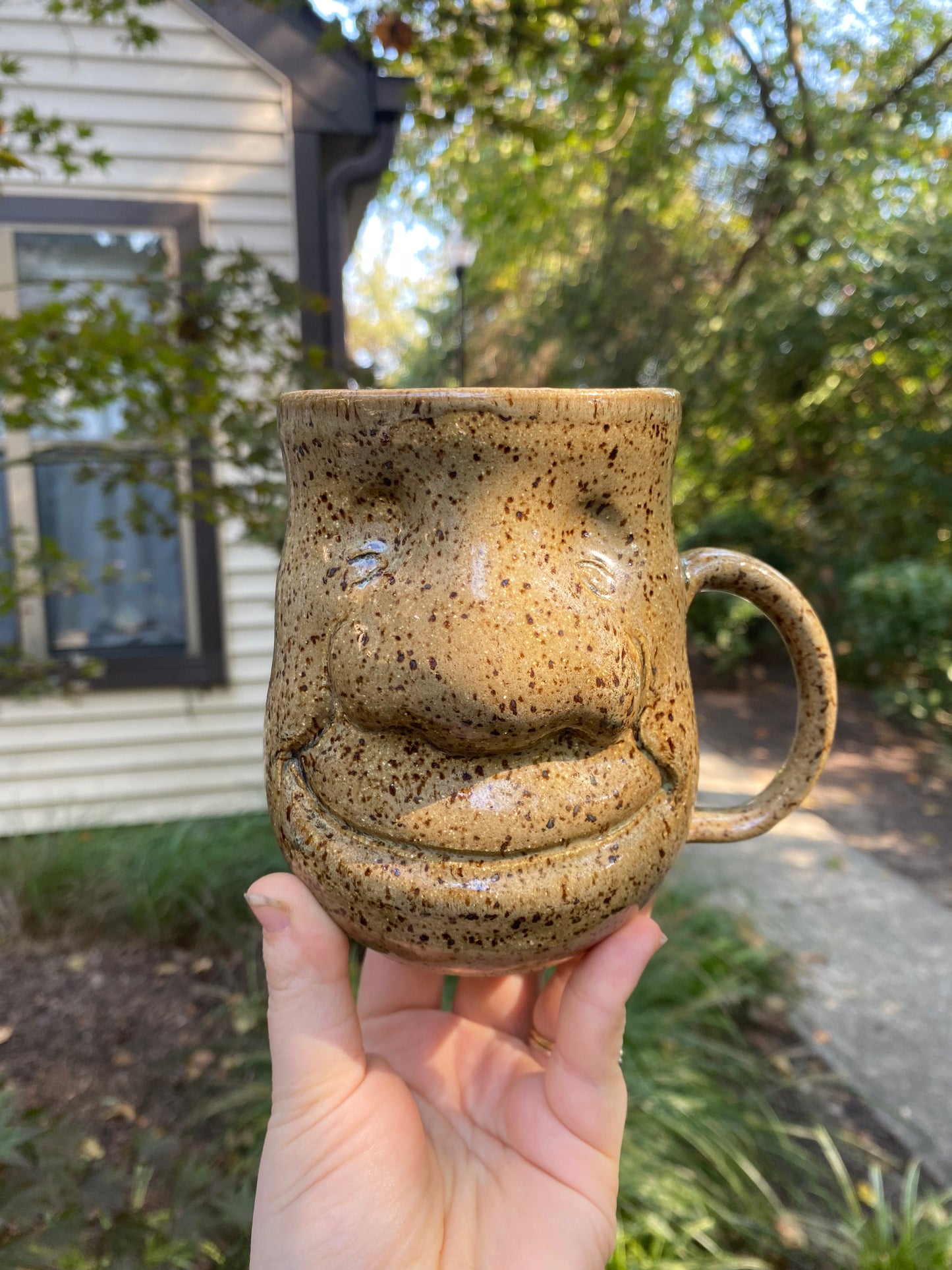 Tall Speckled Mug with a Face