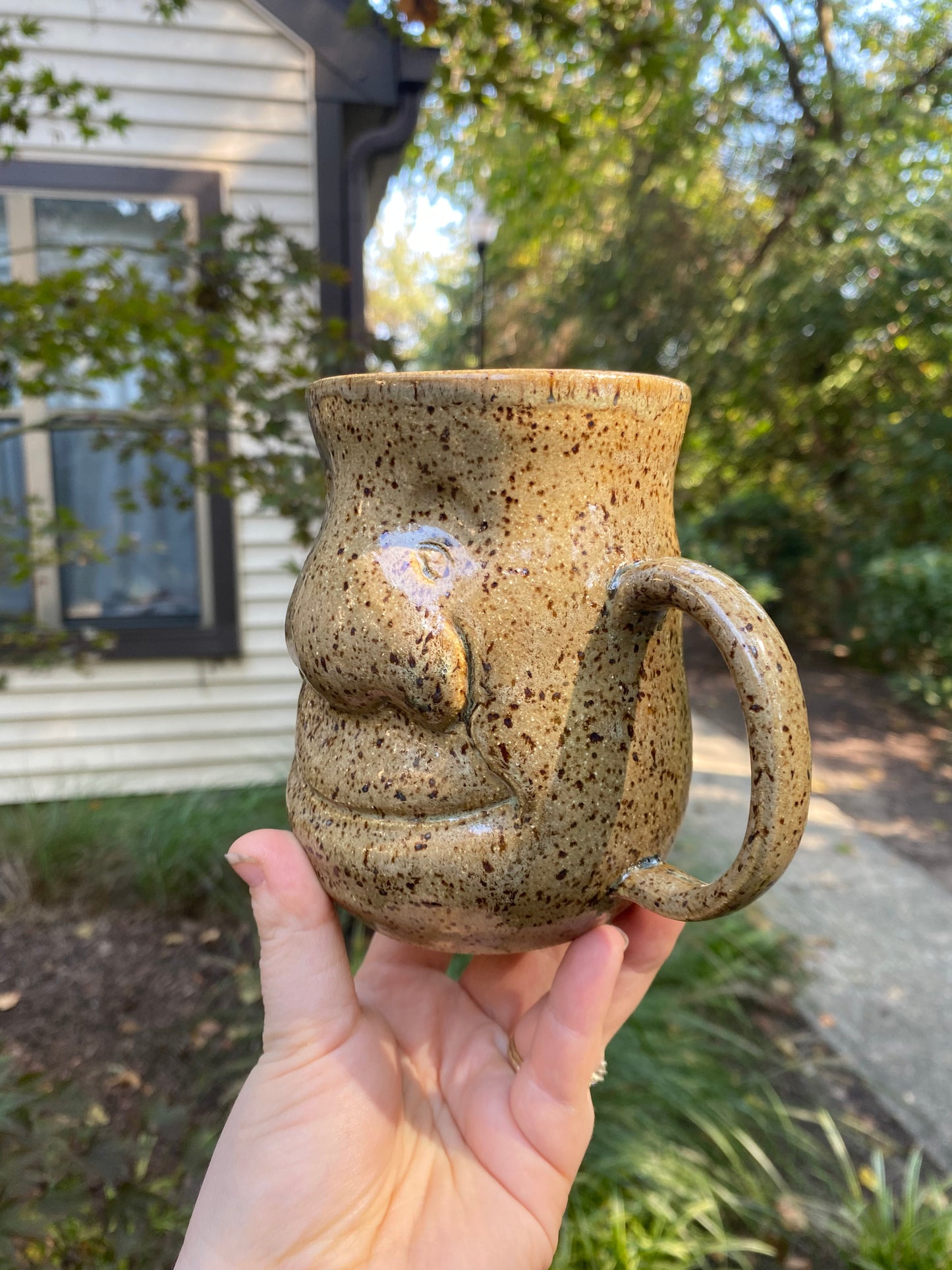 Tall Speckled Mug with a Face